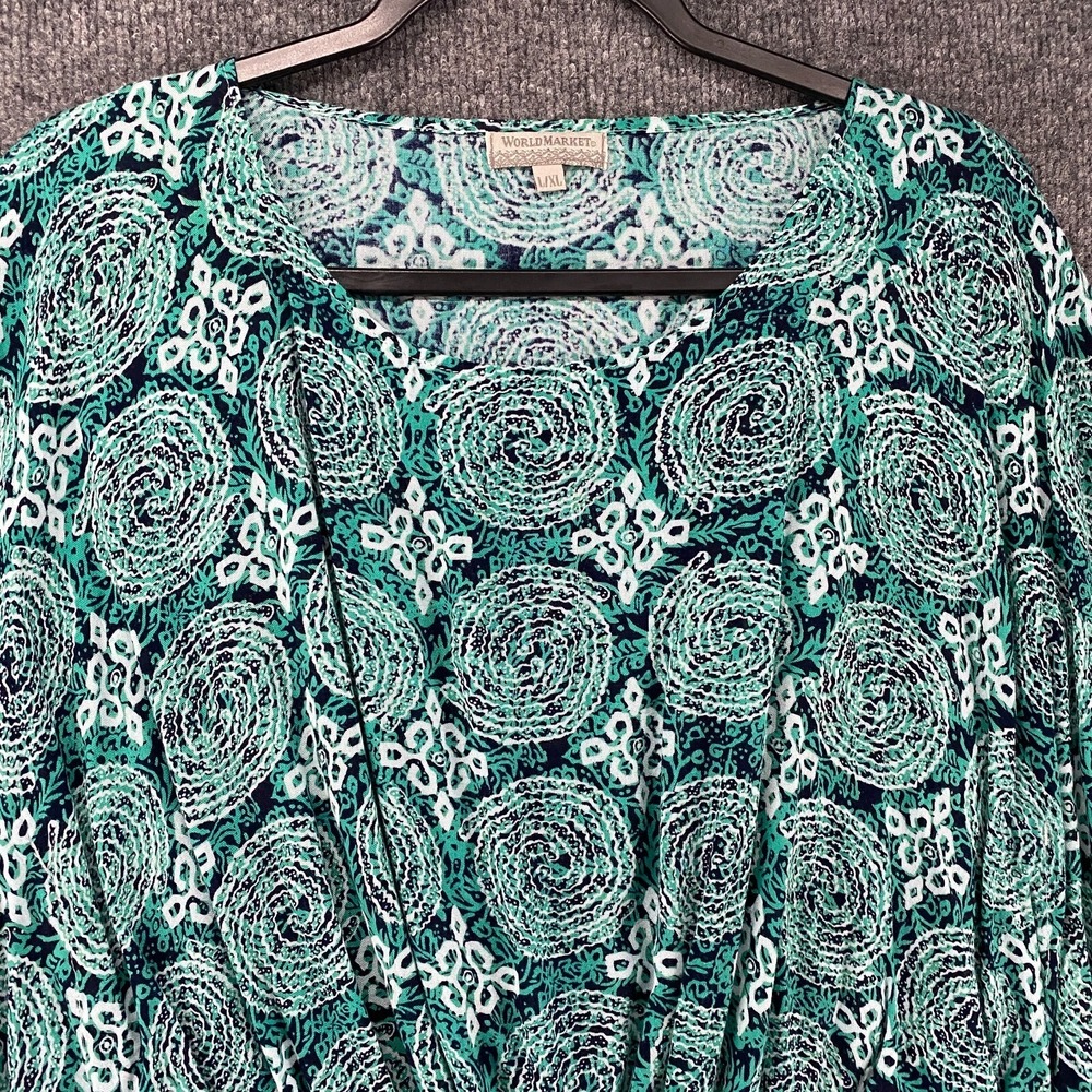 World Market Blouse Top Womens L/XL Green Paisley Pullover Poncho Beachy Boho - Picture 2 of 7
